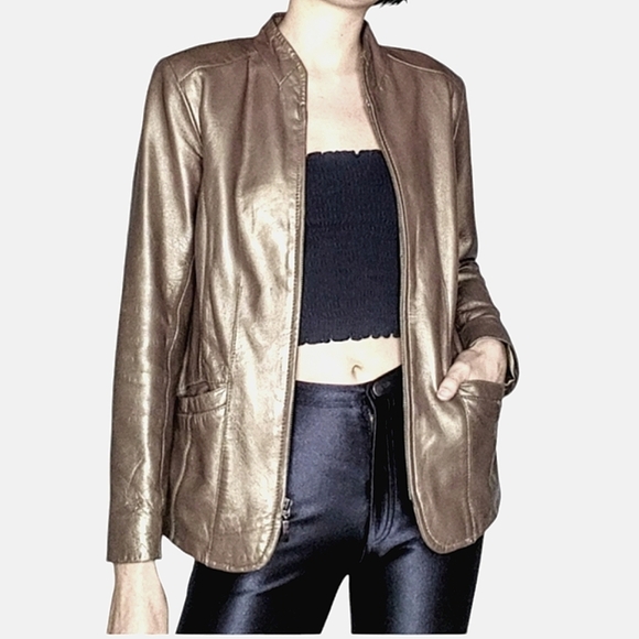 Real Leather zip up blazer jacket lined pewter metallic size womens petite small - Picture 7 of 7